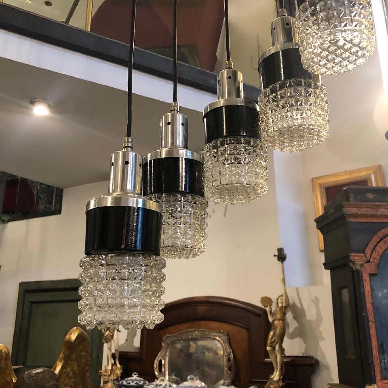 S shaped cascade chandelier with 10 lights with sculptural glass shade, 70s 1159381