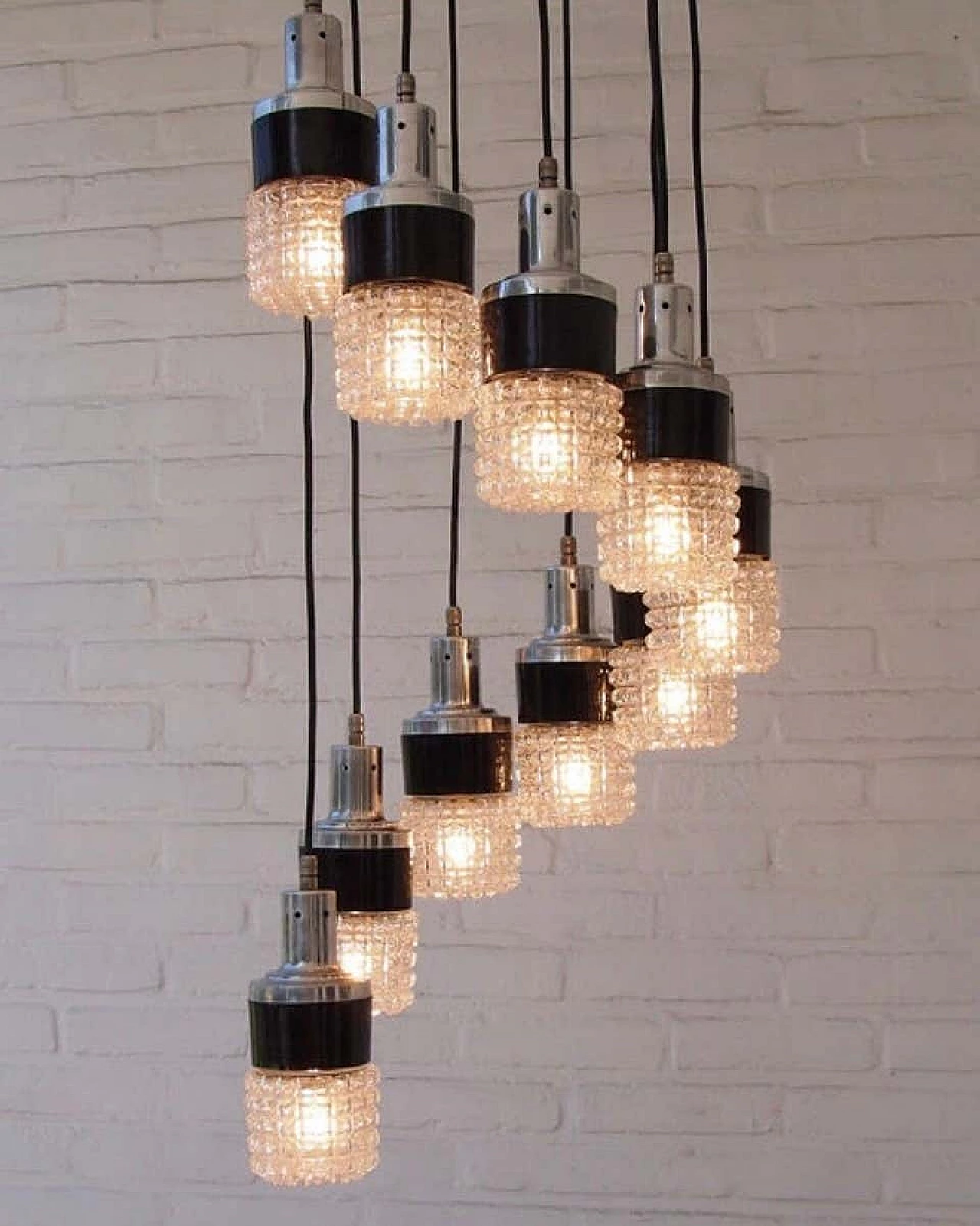 S shaped cascade chandelier with 10 lights with sculptural glass shade, 70s 1159382