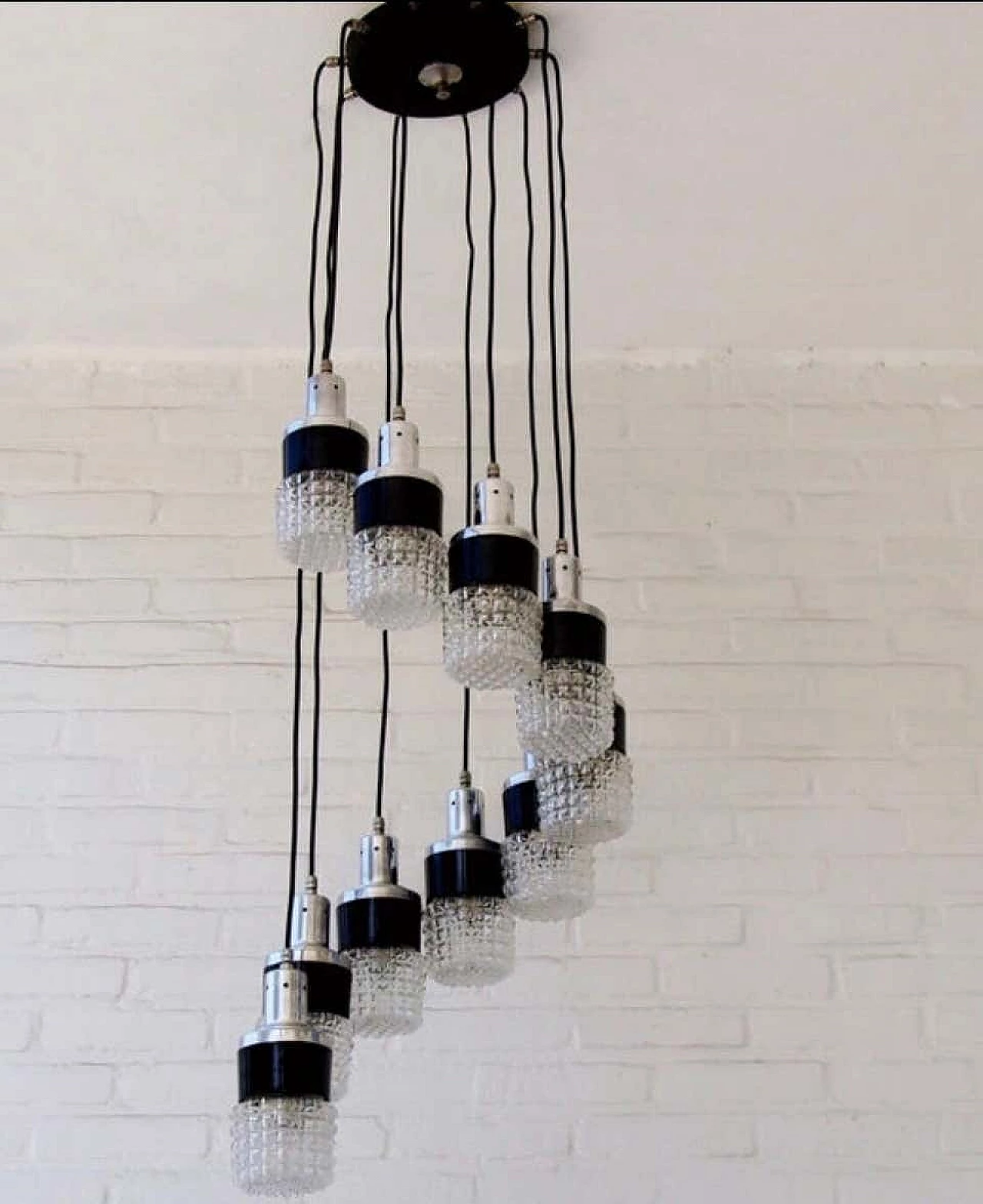 S shaped cascade chandelier with 10 lights with sculptural glass shade, 70s 1159383