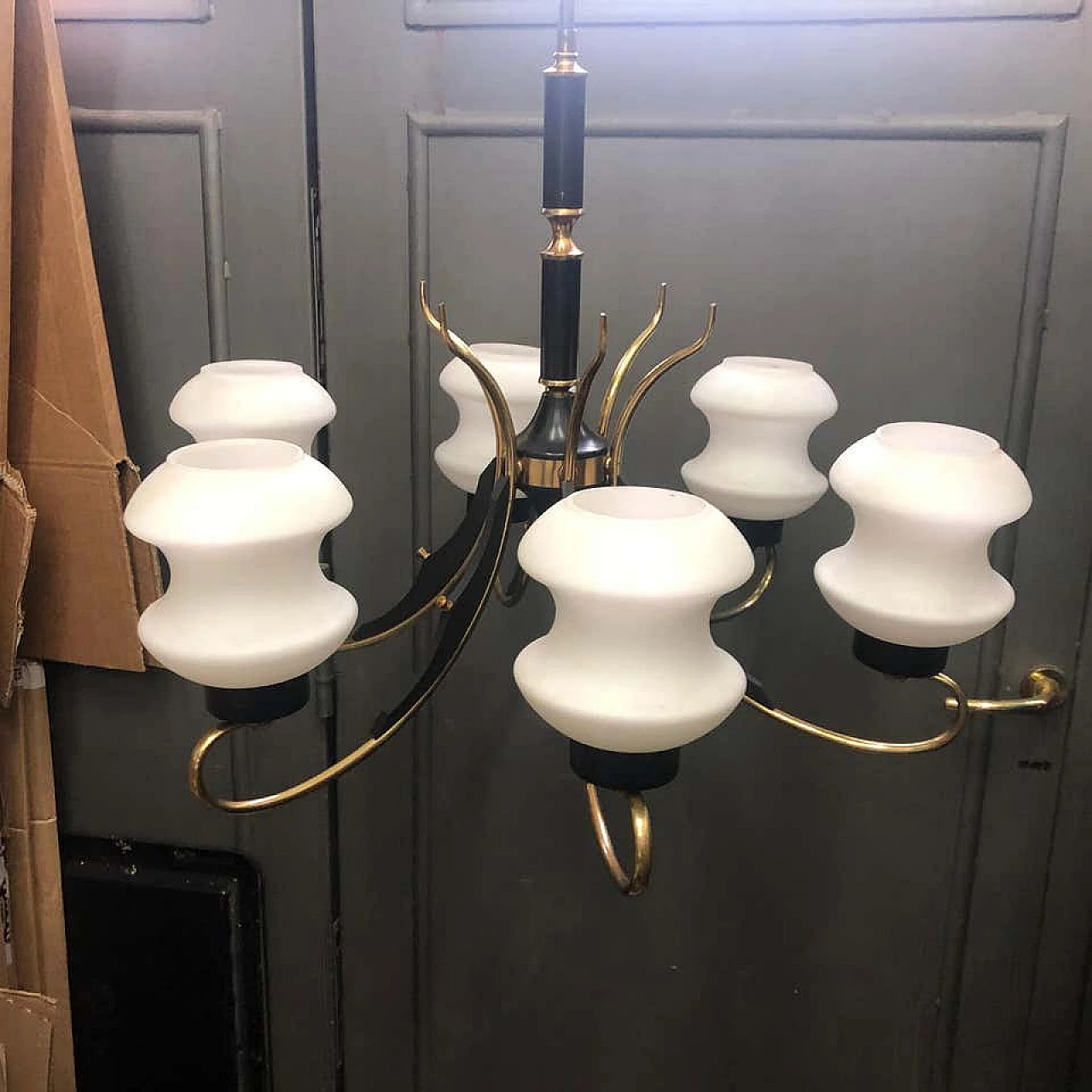 Lampadario da soffitto d'ispirazione Stilnovo in legno ebanizzato e ottone, anni '50 1159417