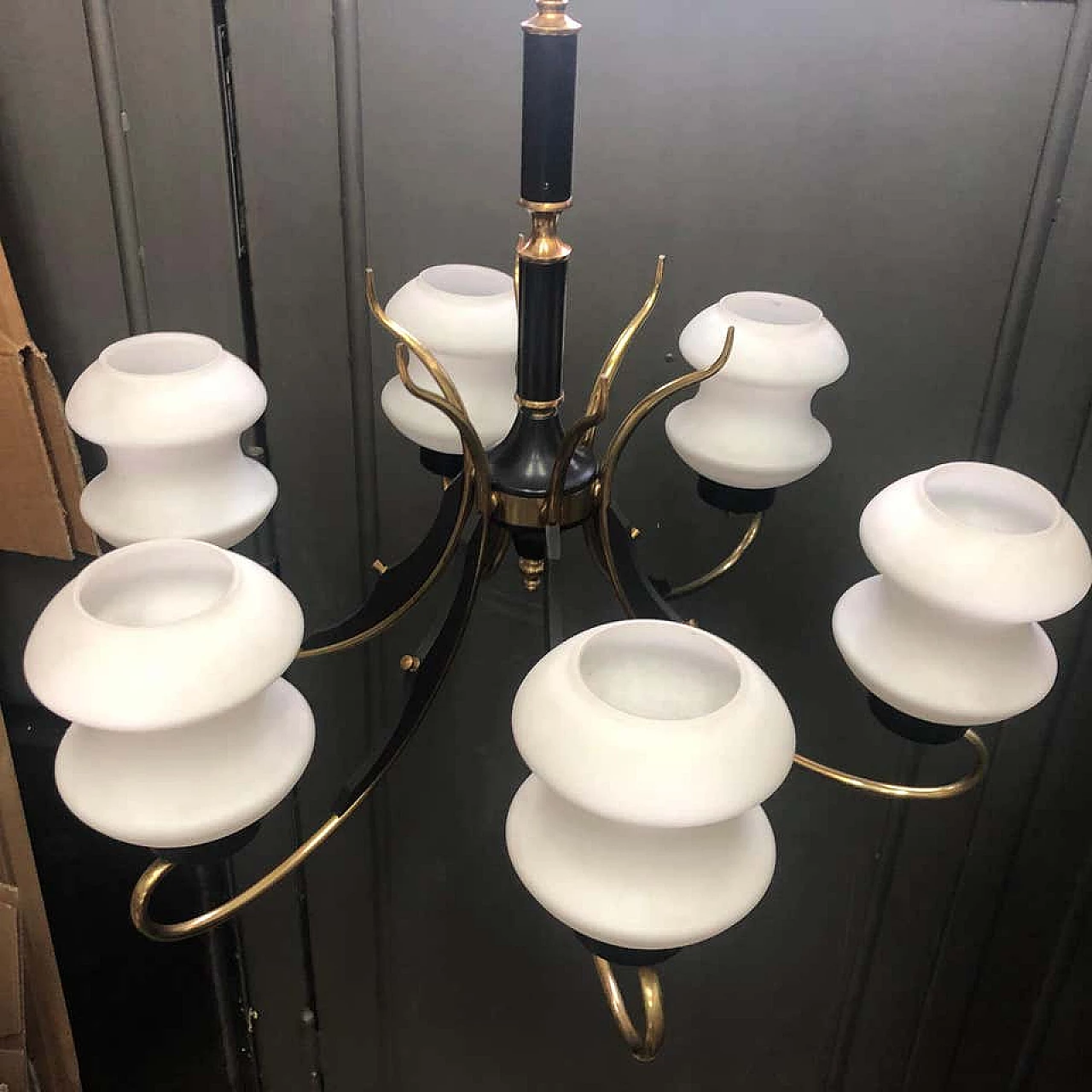 Lampadario da soffitto d'ispirazione Stilnovo in legno ebanizzato e ottone, anni '50 1159418