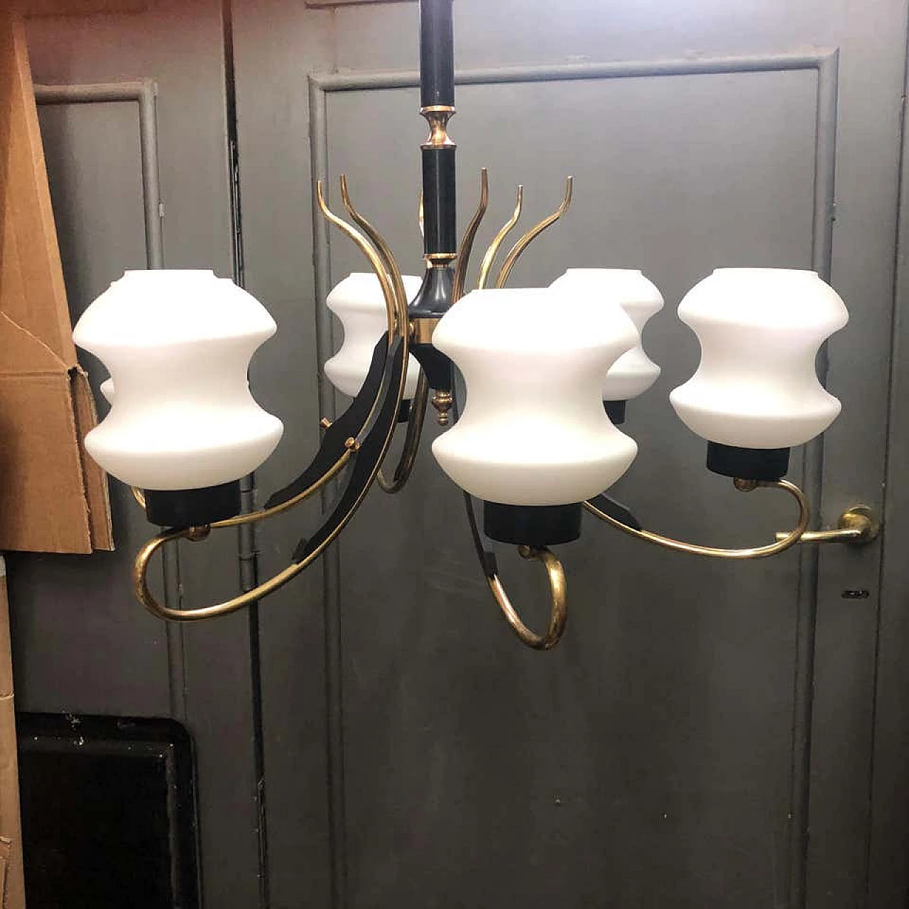 Lampadario da soffitto d'ispirazione Stilnovo in legno ebanizzato e ottone, anni '50 1159419