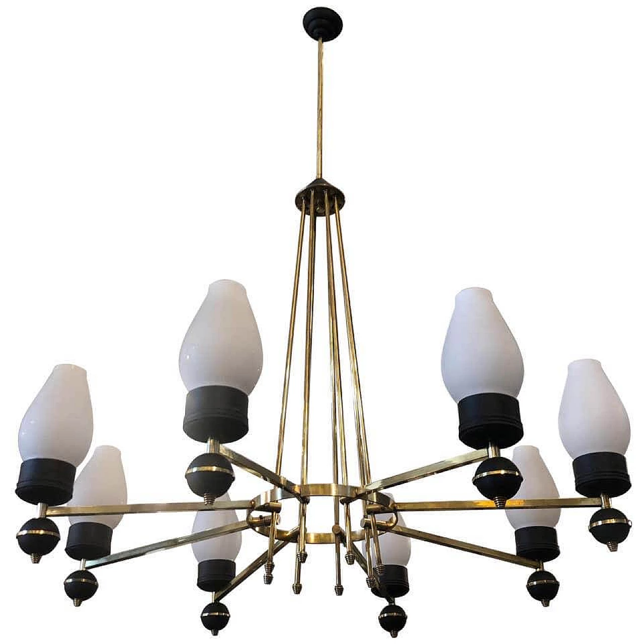 Italian Gio Ponti style brass and black metal round chandelier, 50s 1159479