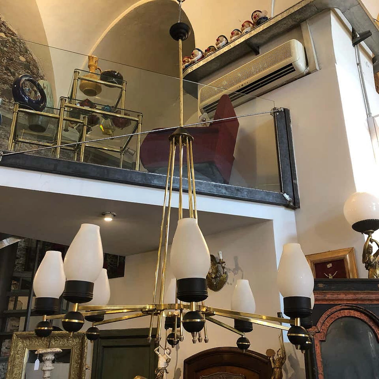 Italian Gio Ponti style brass and black metal round chandelier, 50s 1159481