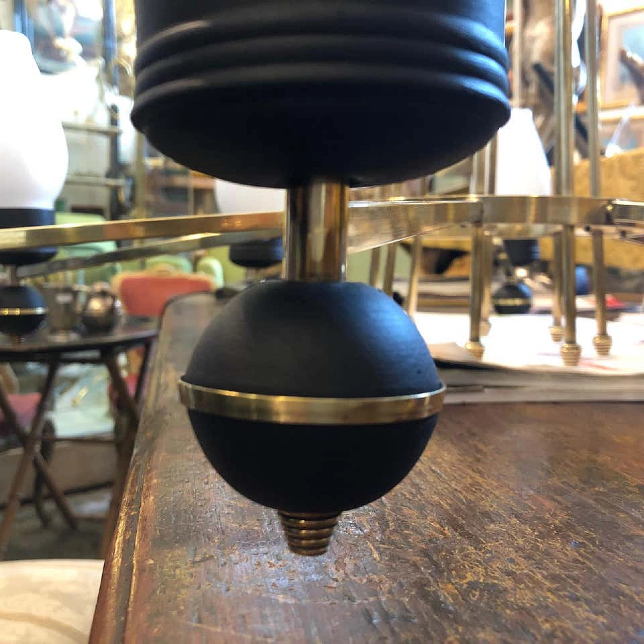 Italian Gio Ponti style brass and black metal round chandelier, 50s 1159483
