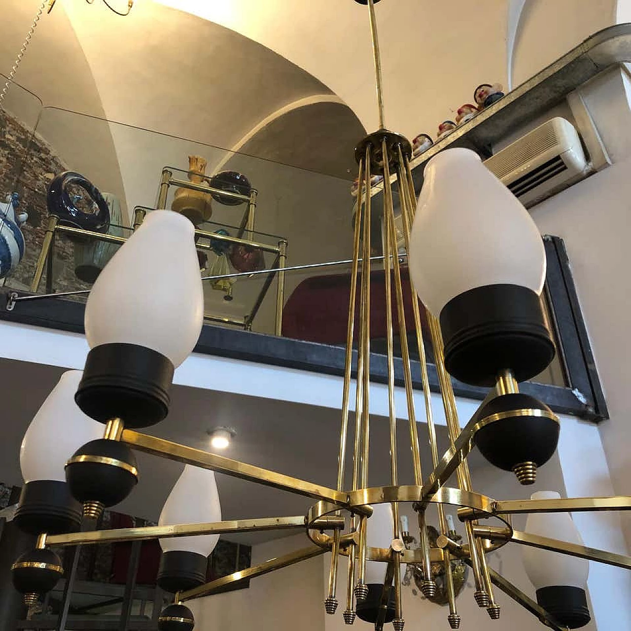 Italian Gio Ponti style brass and black metal round chandelier, 50s 1159484