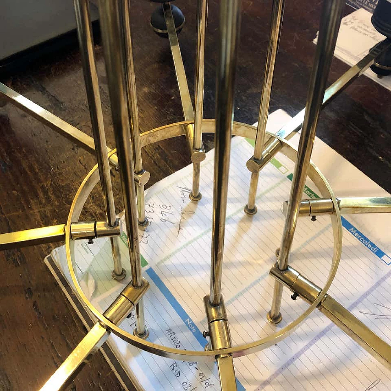 Italian Gio Ponti style brass and black metal round chandelier, 50s 1159492