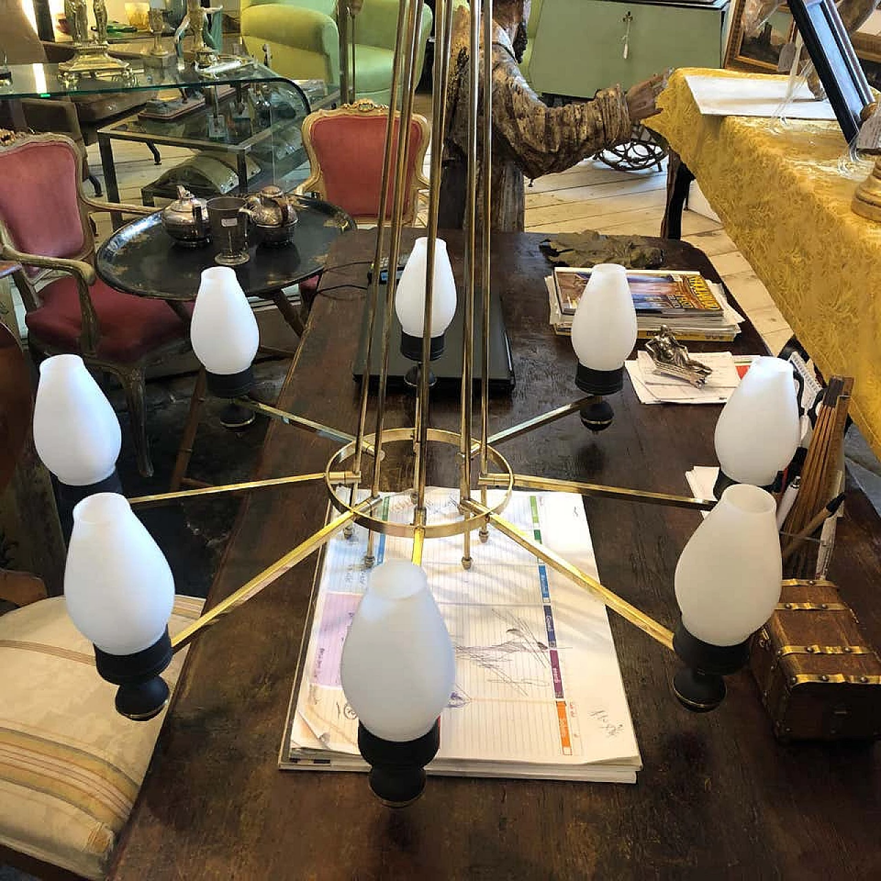 Lampadario circolare a 8 luci nello stile di Gio Ponti, anni '50 1159494