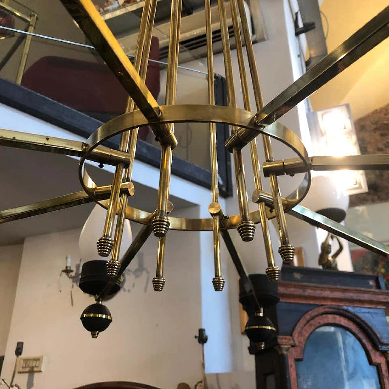 Italian Gio Ponti style brass and black metal round chandelier, 50s 1159496