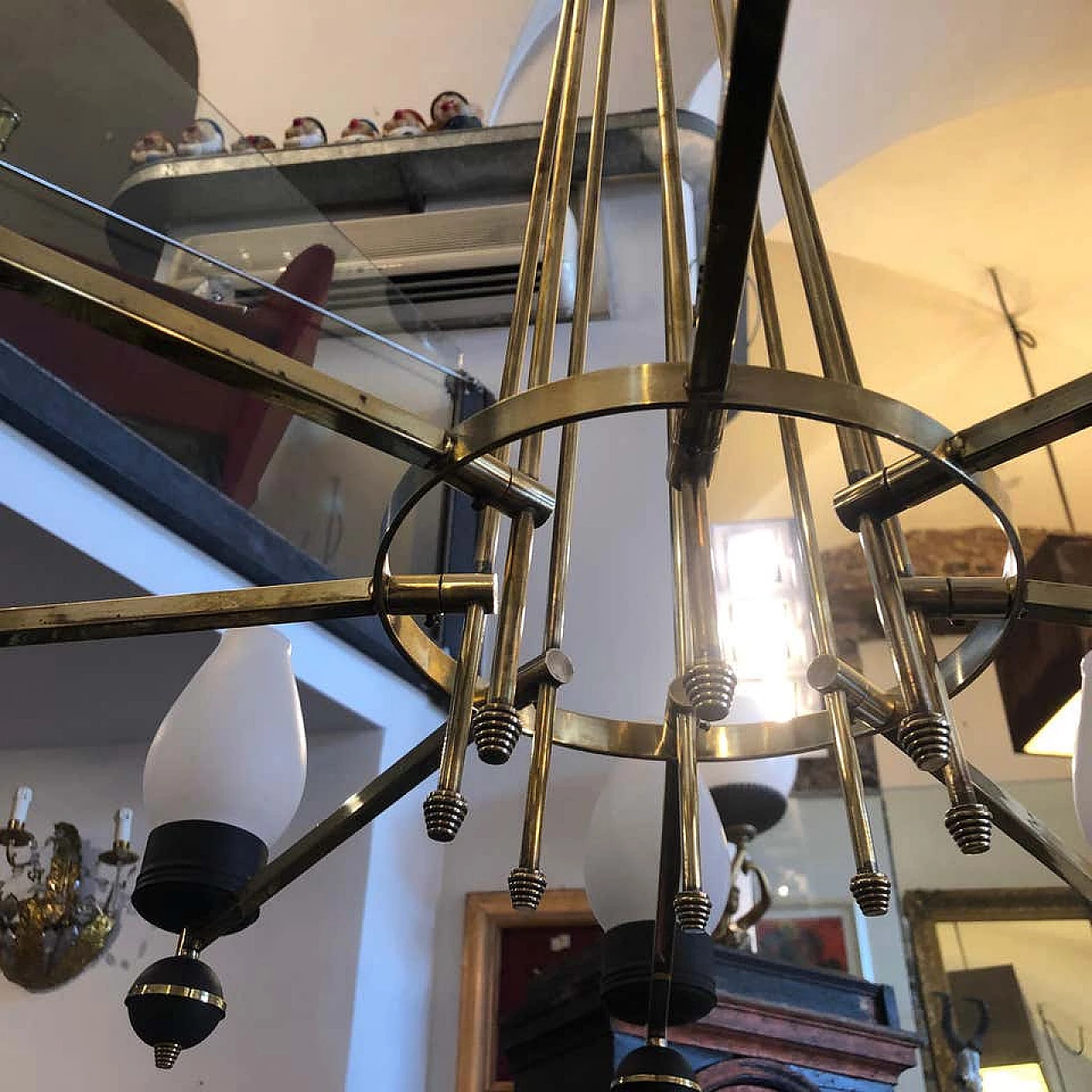 Italian Gio Ponti style brass and black metal round chandelier, 50s 1159497