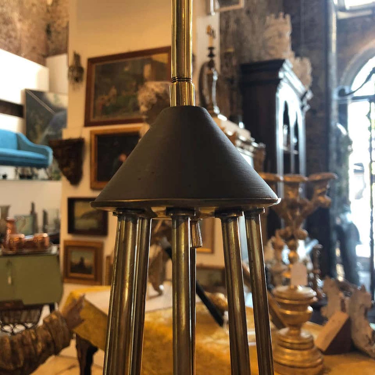Italian Gio Ponti style brass and black metal round chandelier, 50s 1159498