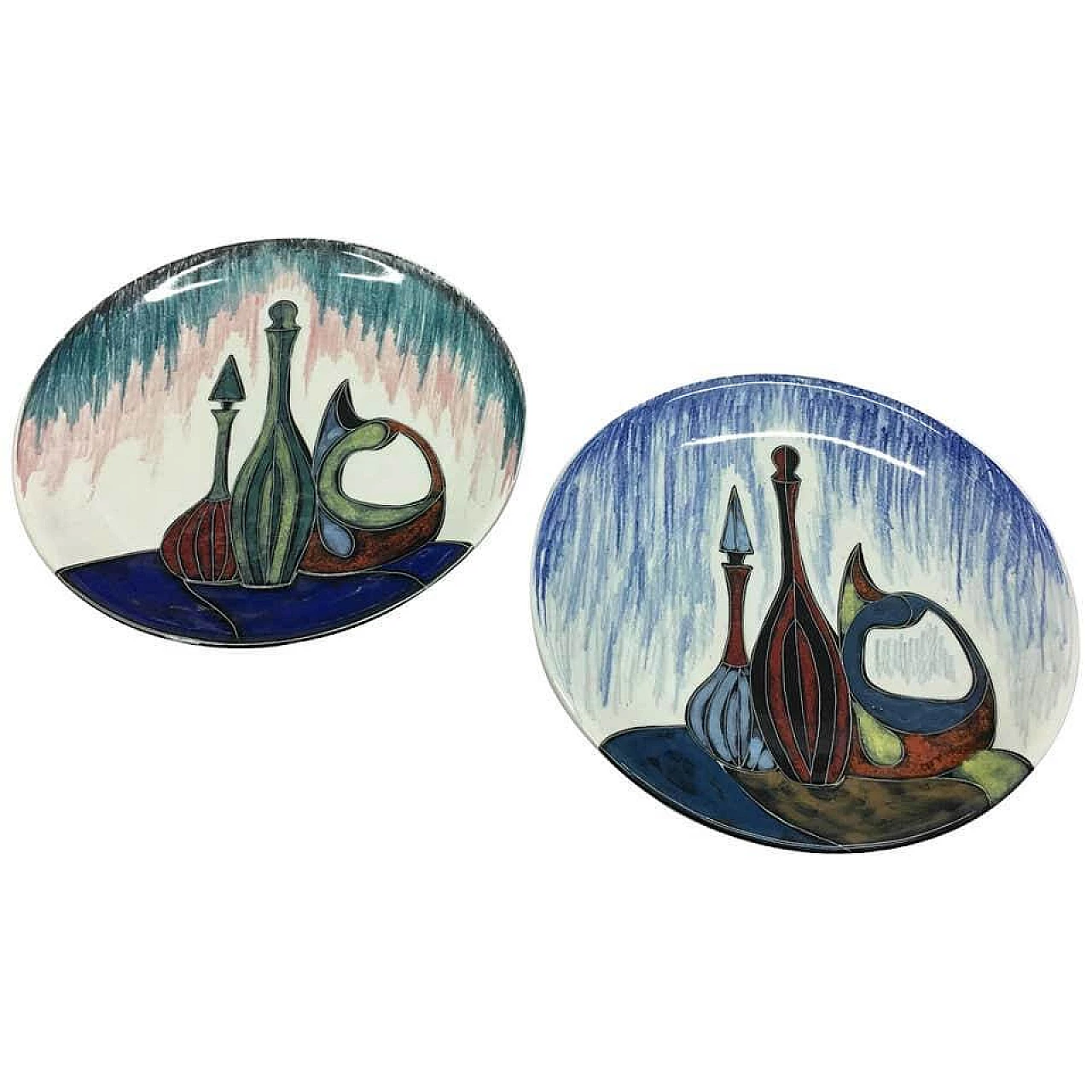 Coppia di piatti artistici in ceramica policroma, anni '60 1159618