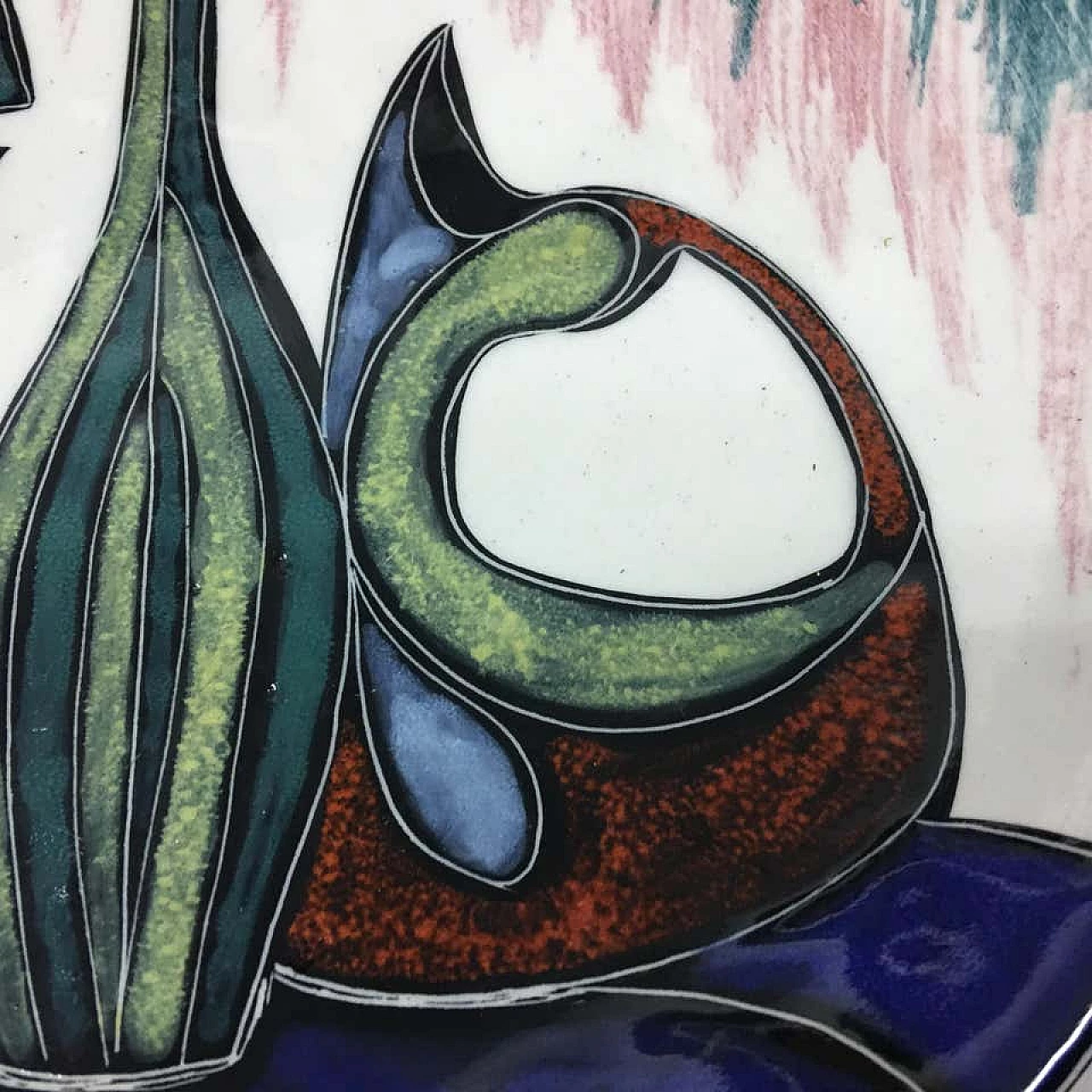 Coppia di piatti artistici in ceramica policroma, anni '60 1159629