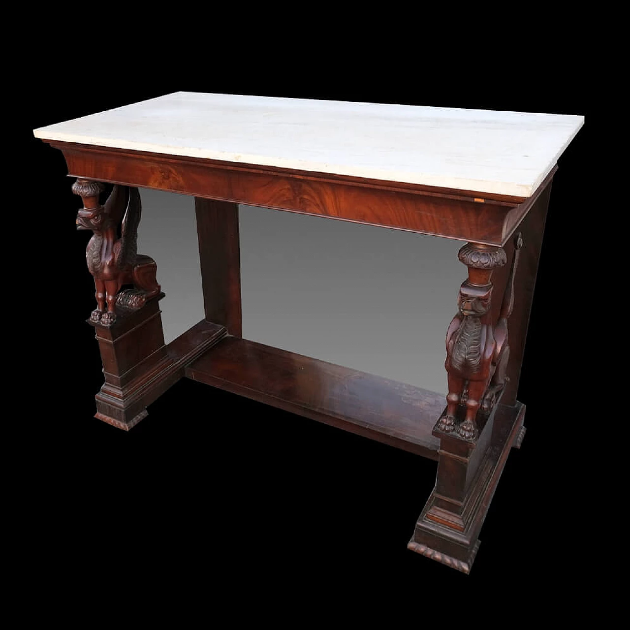 Console in mahogany feather with marble top, '800 1160037