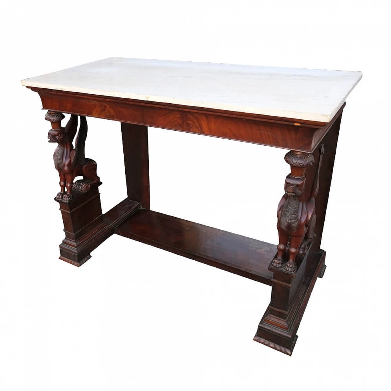 Console in mahogany feather with marble top, '800 1160091