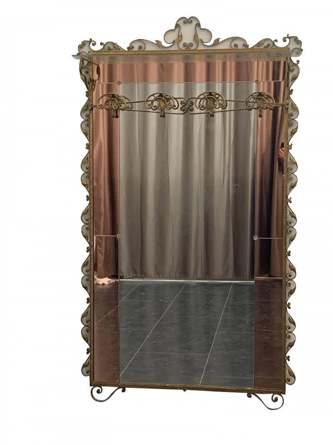 Appendiabiti con specchio e mensola in vetro e ferro battuto di Pierluigi Colli, anni '50 1160342