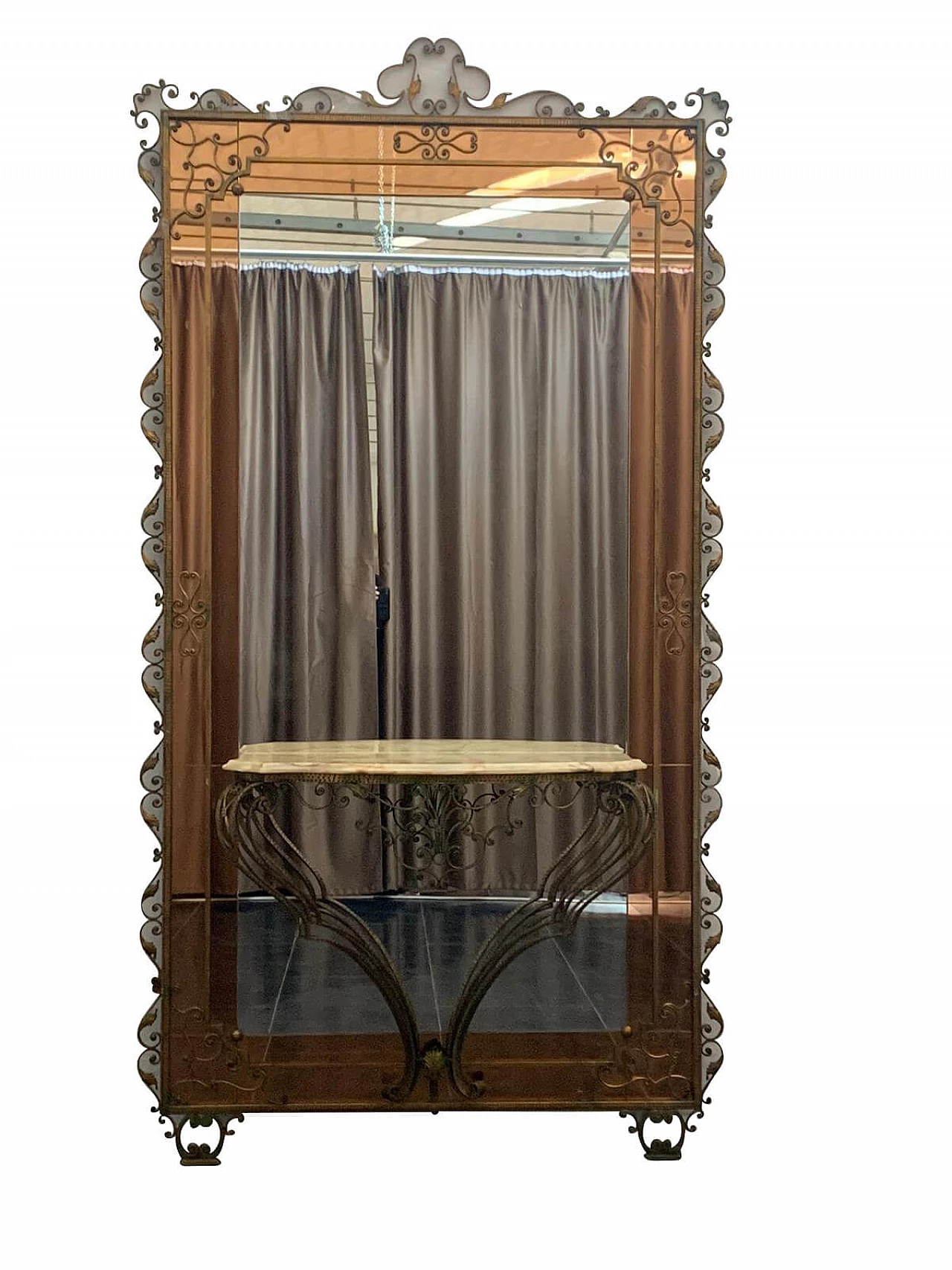 Tavolo da consolle in ferro battuto con schienale a specchio di Pierluigi Colli, anni '50 1160409