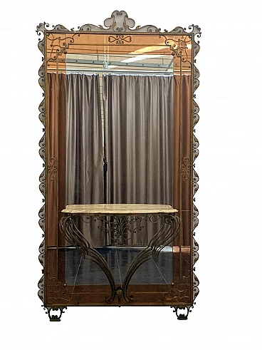 Tavolo da consolle in ferro battuto con schienale a specchio di Pierluigi Colli, anni '50