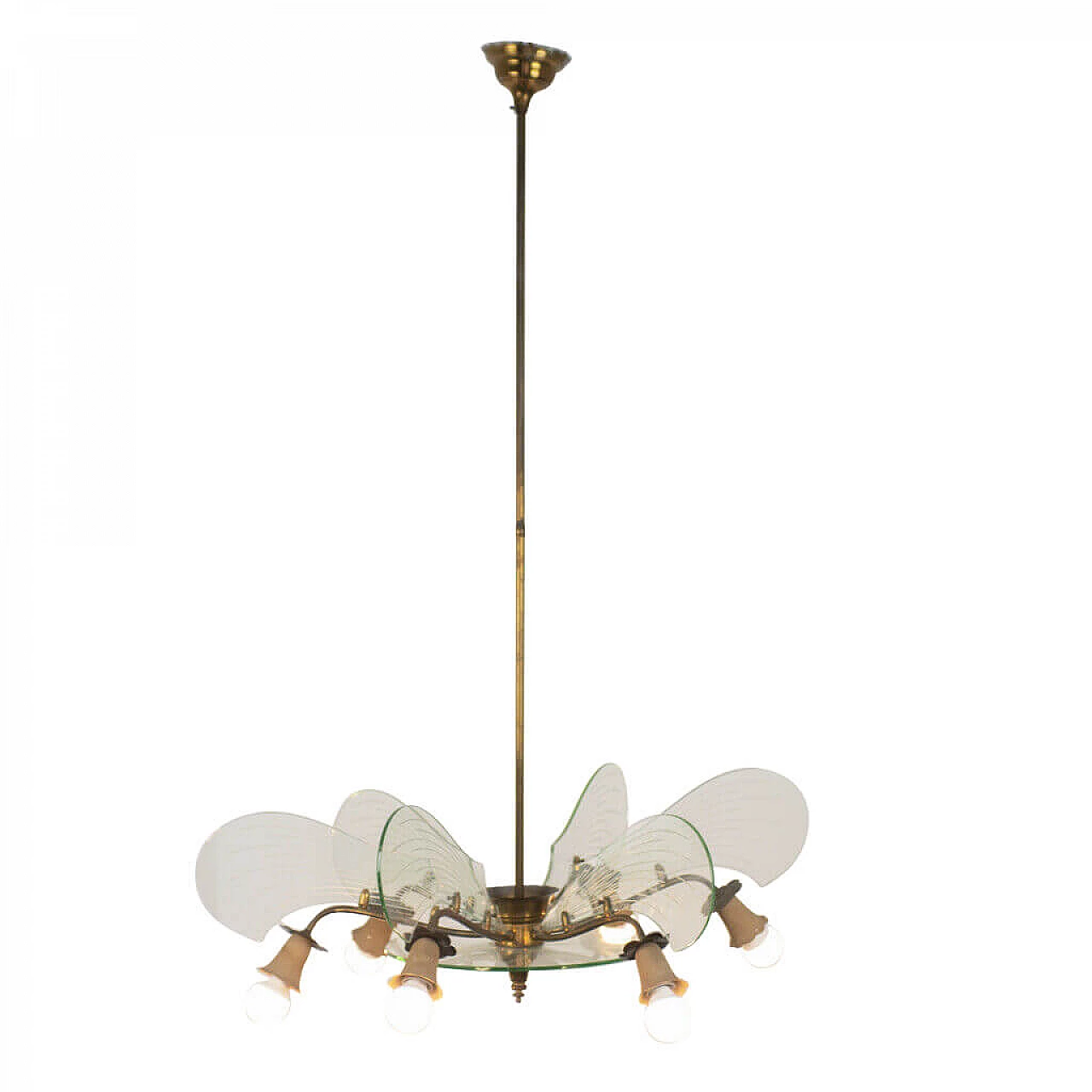 Chandelier in brass and glass, 6 lights, 50s 1160673