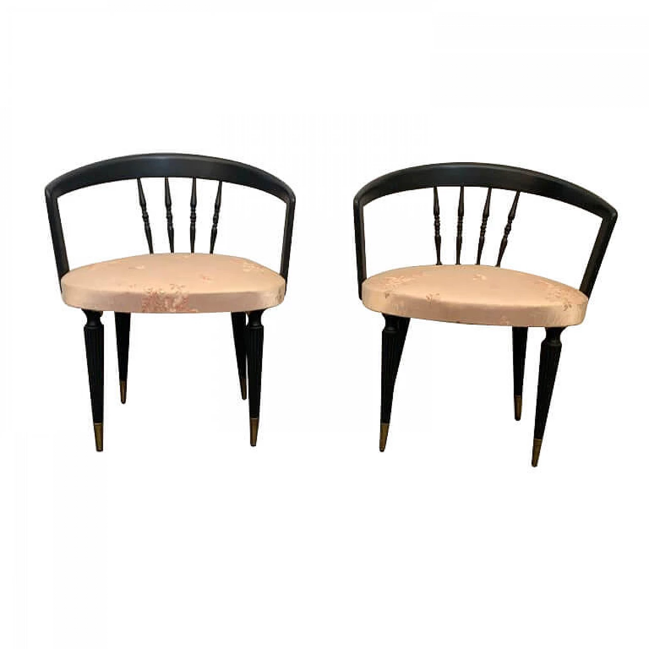 Pair of black lacquered armchairs with brass tips, 1950s 1161249