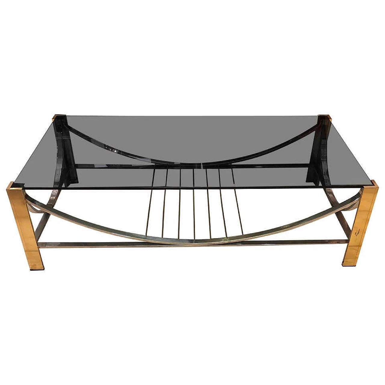 Italian coffe table in brass, steel and smoked glass, 70s 1161264
