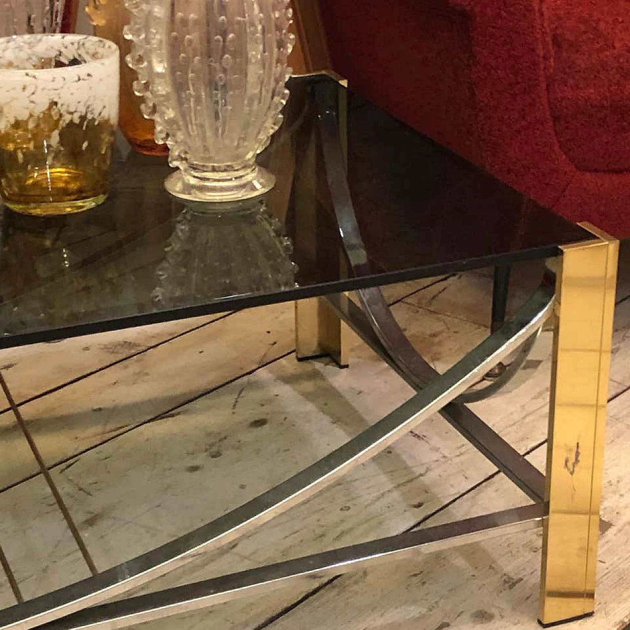 Tavolino da caffè in ottone, acciaio e vetro fumé, anni '70 1161267