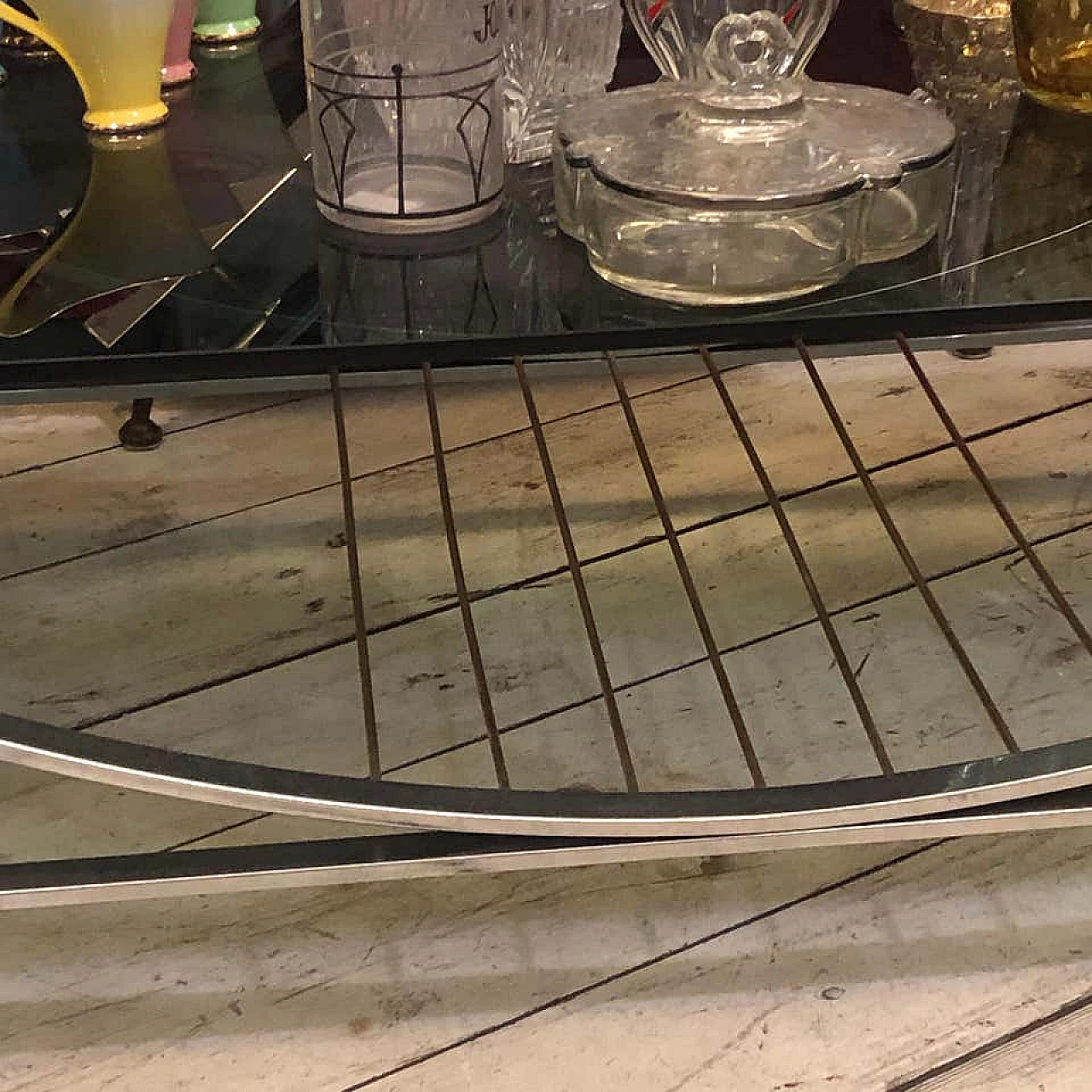 Tavolino da caffè in ottone, acciaio e vetro fumé, anni '70 1161268