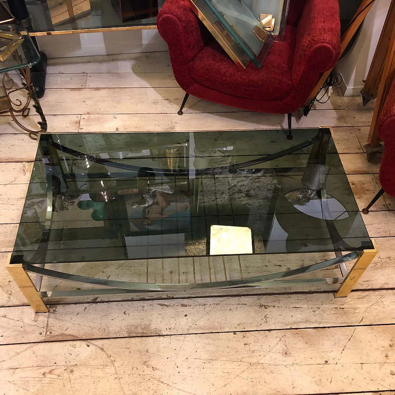 Italian coffe table in brass, steel and smoked glass, 70s 1161272