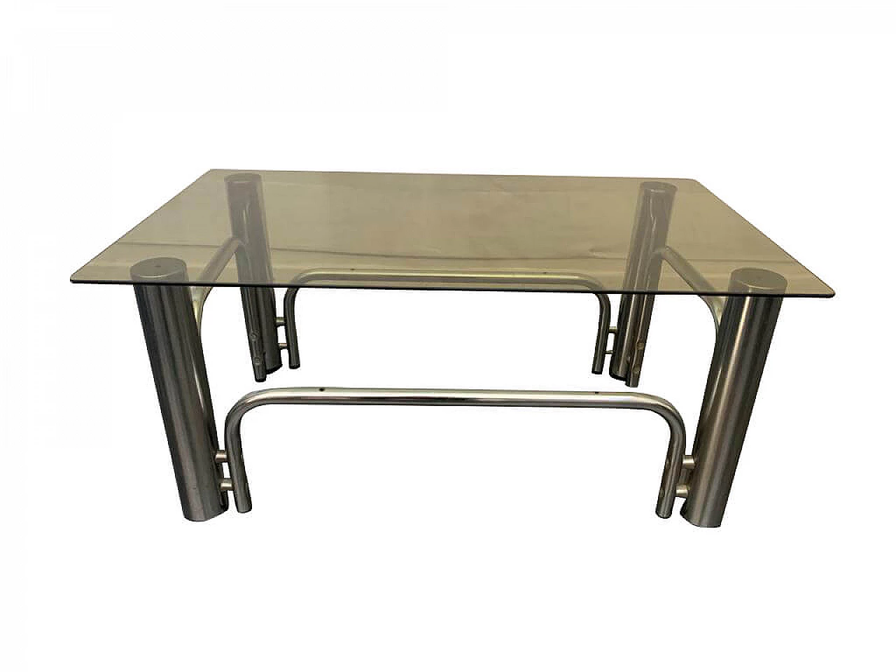 Tavolino in acciaio e vetro grigio fumé, anni '70 1161320