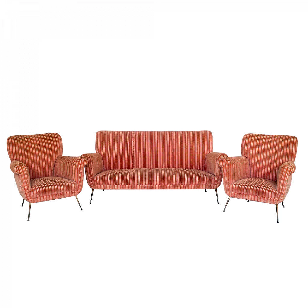 Sofa and pair of armchairs with brass feet, 70's 1161327
