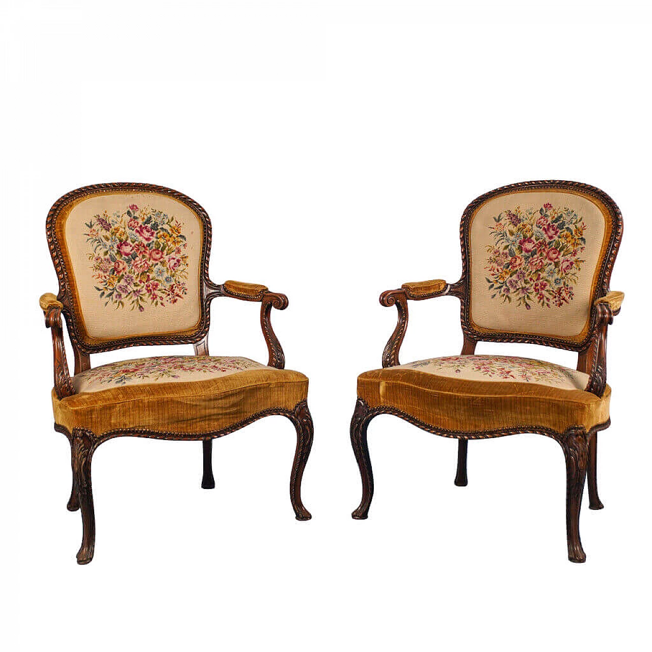 Pair of wooden armchairs with floral fabric, 50's 1161640