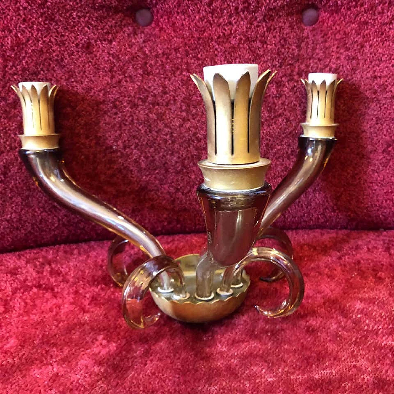 Pair of italian Murano glass and brass wall sconces by Barovier, 60s 1161772