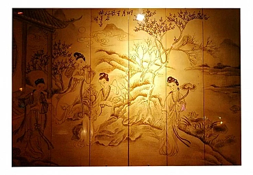 Oriental wood panel with geishe, 50s