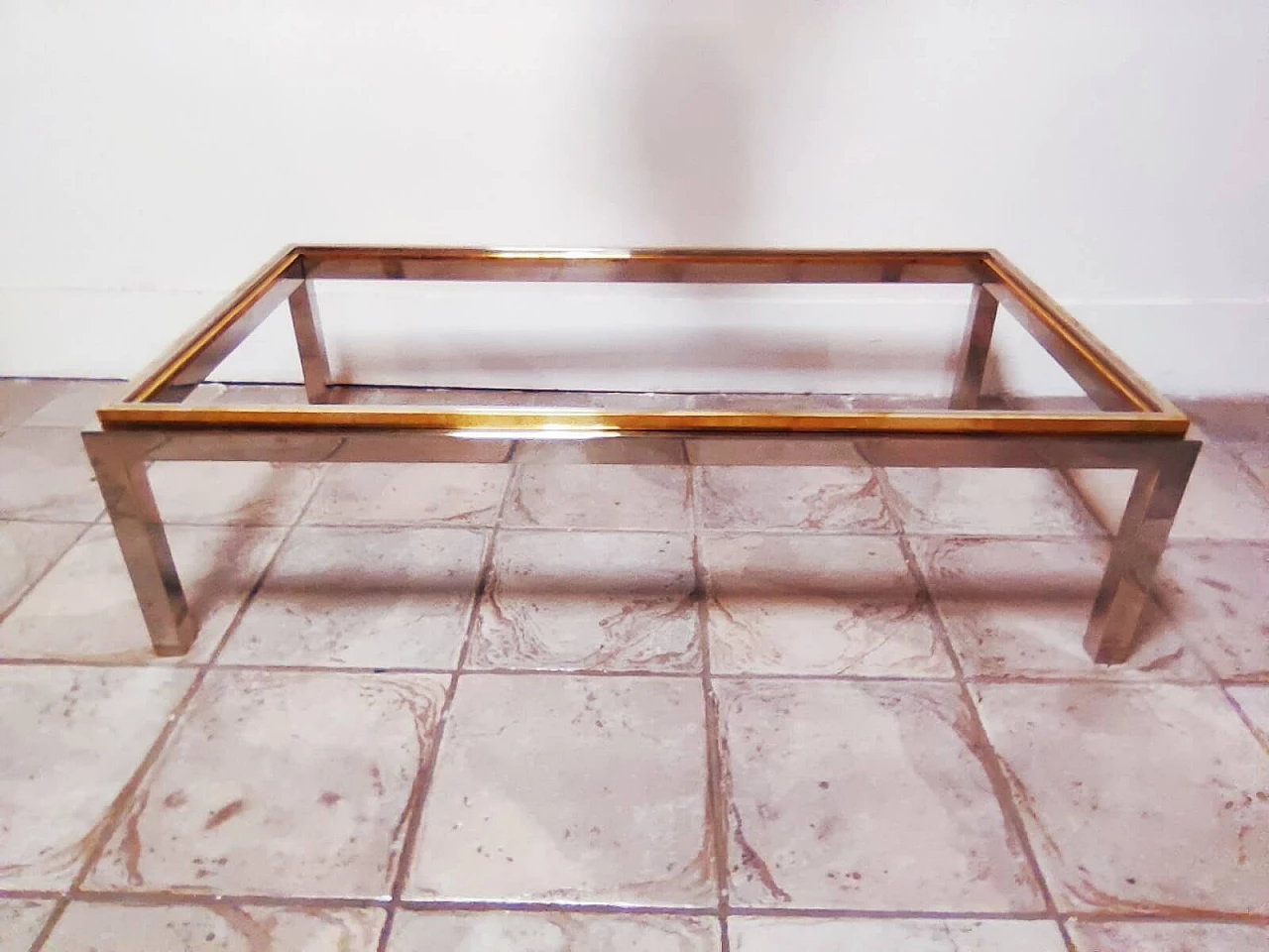 Coffee table in steel and brass with transparent glass, by Jean Charles 1162445