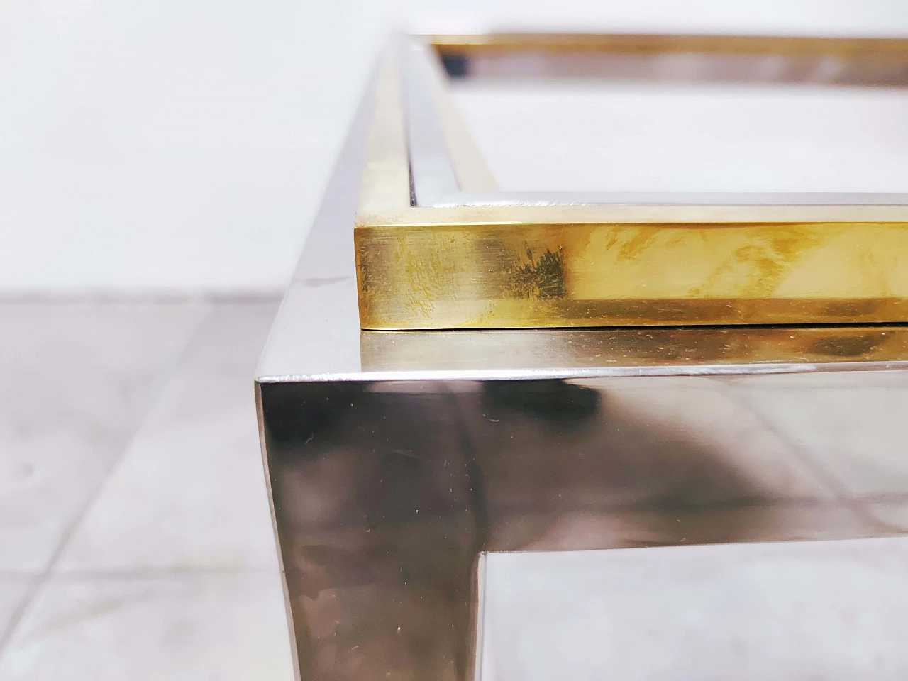 Coffee table in steel and brass with transparent glass, by Jean Charles 1162447