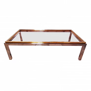 Coffee table in steel and brass with transparent glass, by Jean Charles