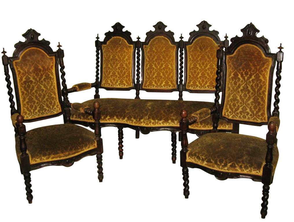 Belle Epoque walnut sofa and pair of armchairs intOndo