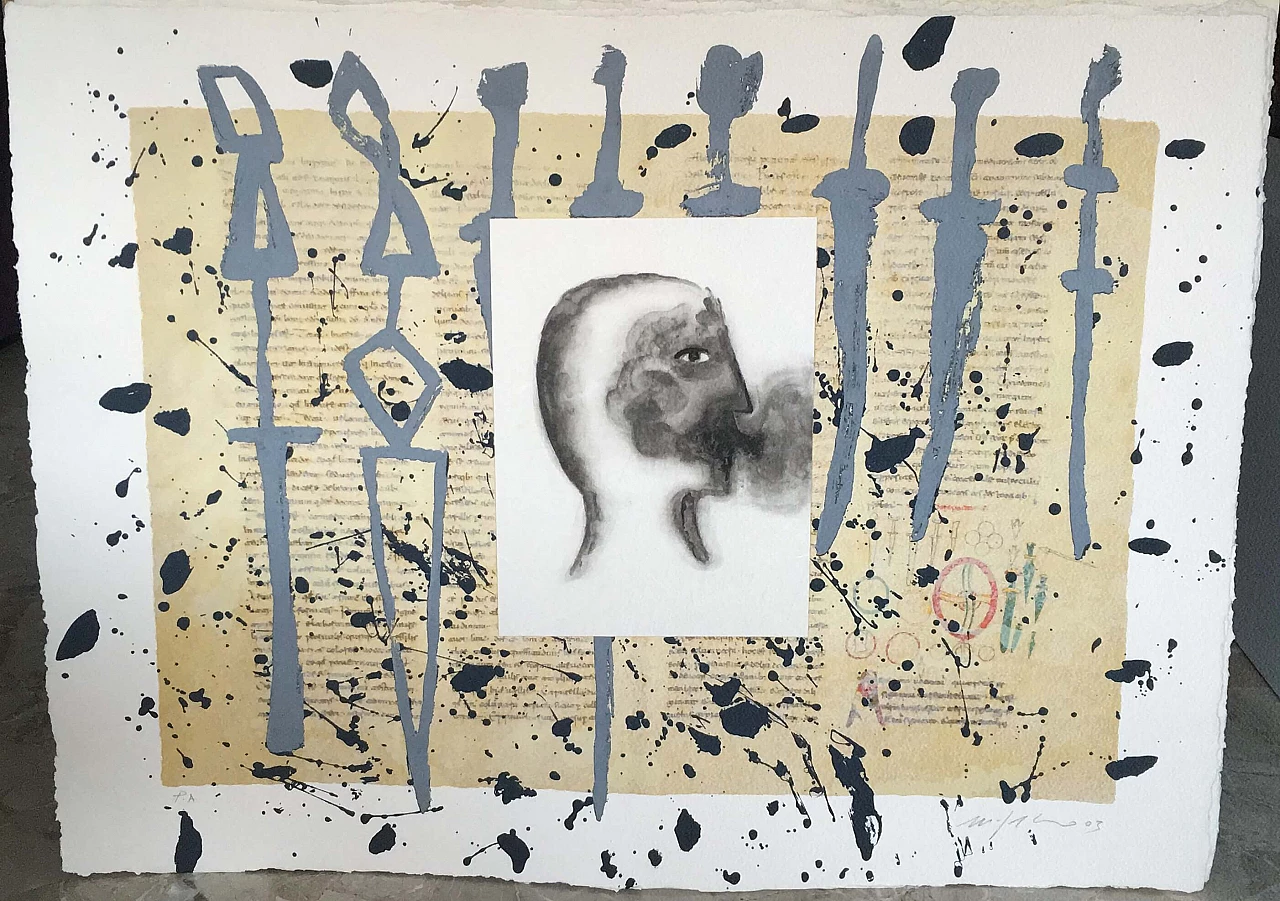 Etching, serigraphy and collage De Universo by Domenico Paladino, 2000 1163447