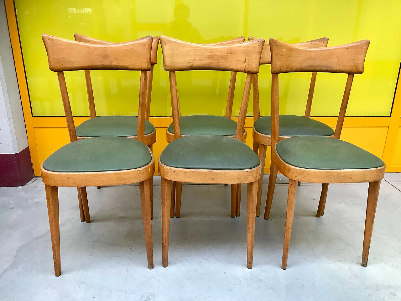 6 Chairs in beech and green skai, 1950s 1163821