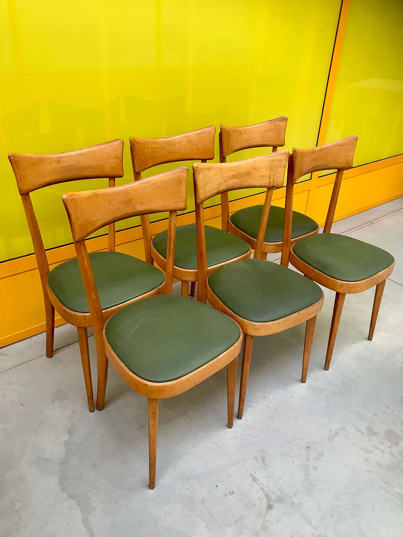 6 Chairs in beech and green skai, 1950s 1163822