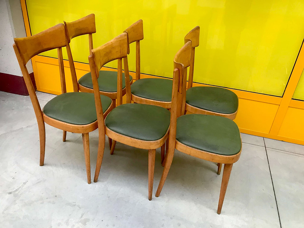 6 Chairs in beech and green skai, 1950s 1163824