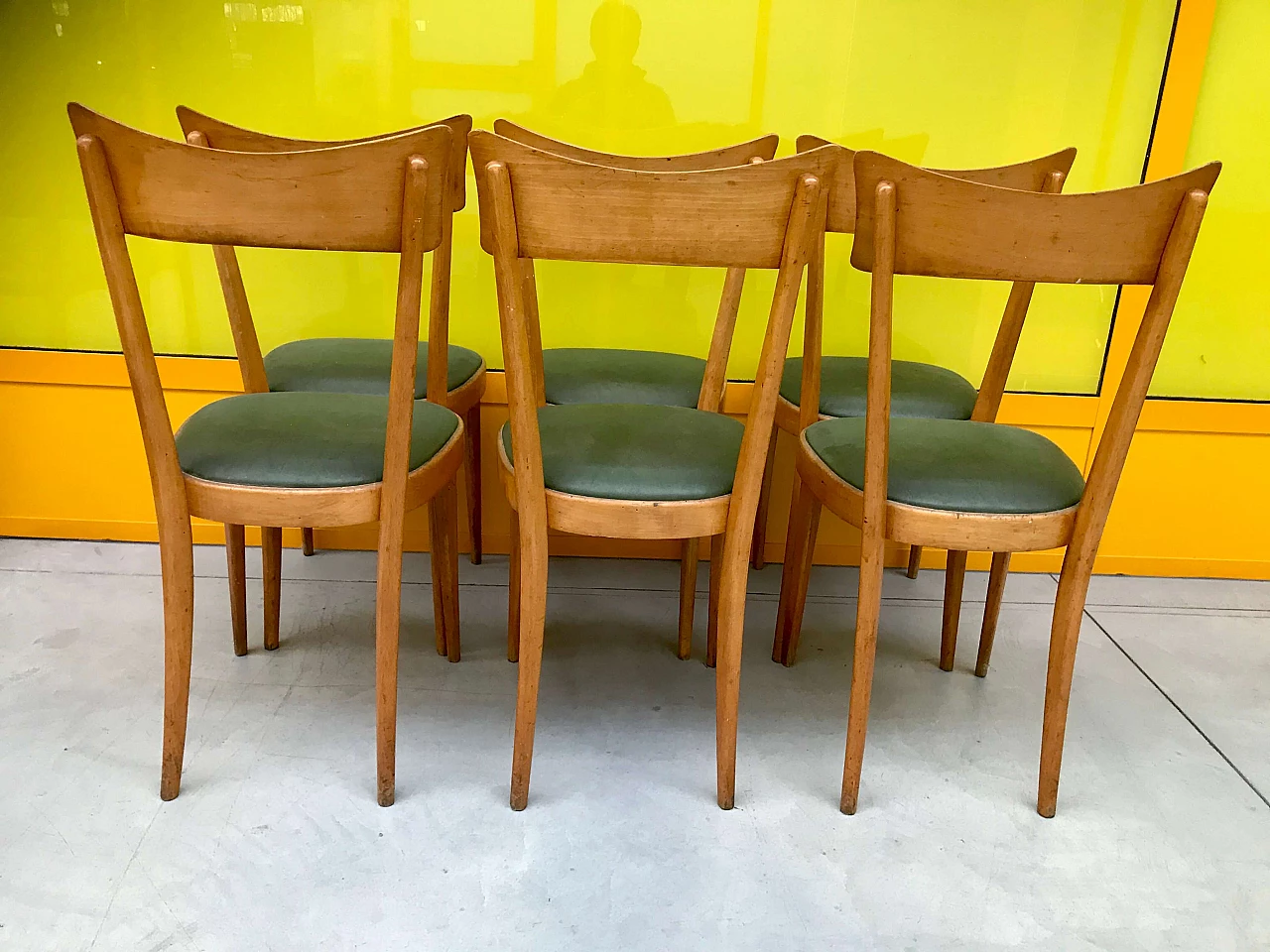 6 Chairs in beech and green skai, 1950s 1163825