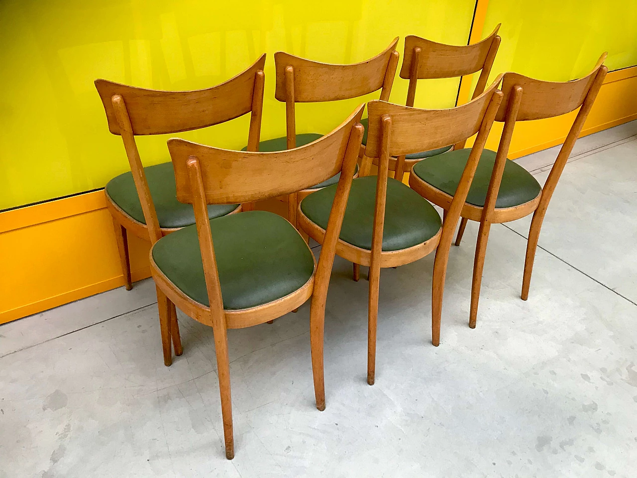 6 Chairs in beech and green skai, 1950s 1163826