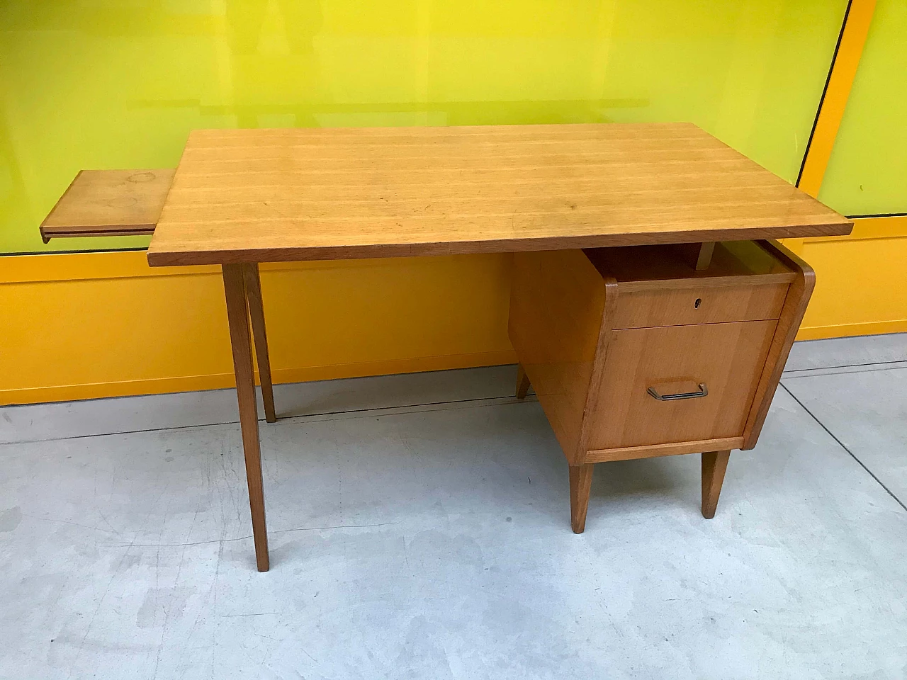 Italian light brown desk with movable top and drawers, 60s 1163828