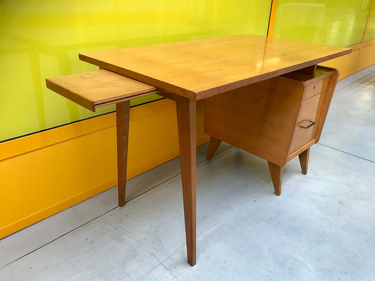 Italian light brown desk with movable top and drawers, 60s 1163829