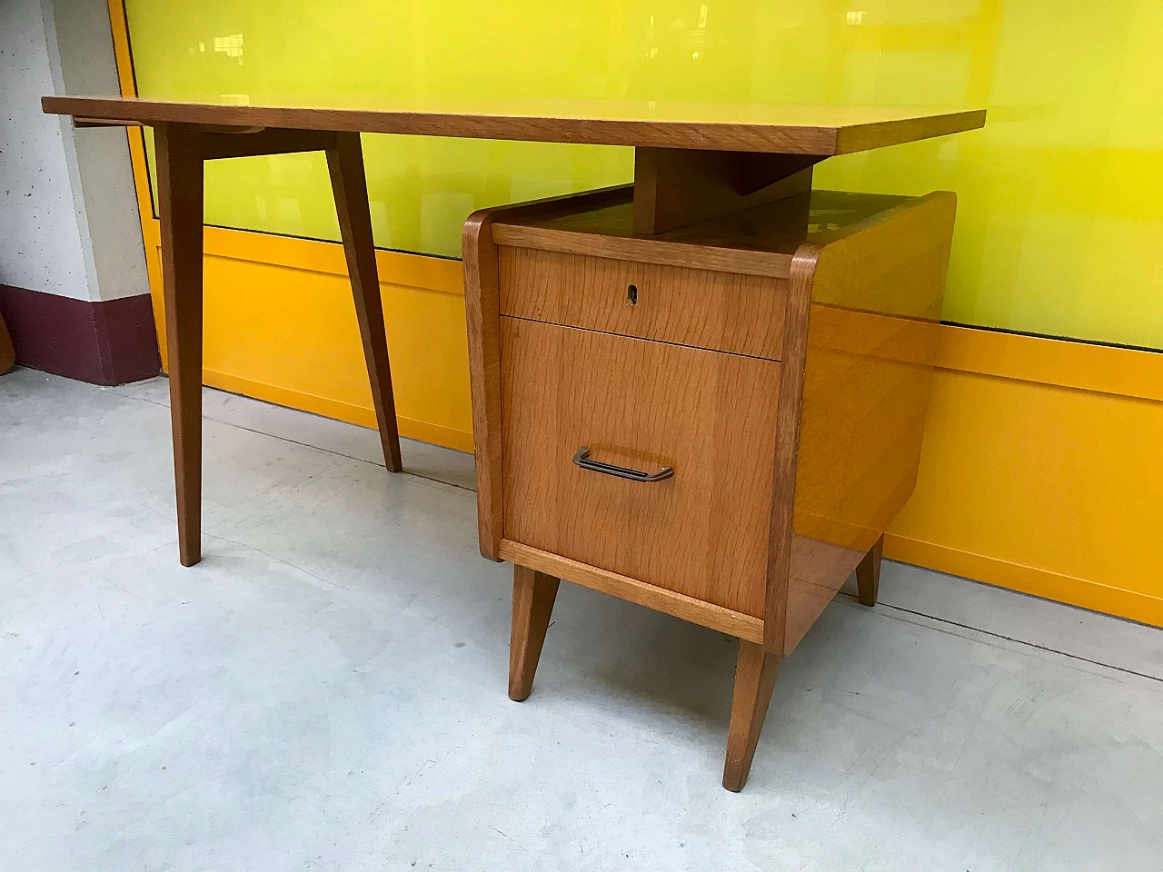 Italian light brown desk with movable top and drawers, 60s 1163830