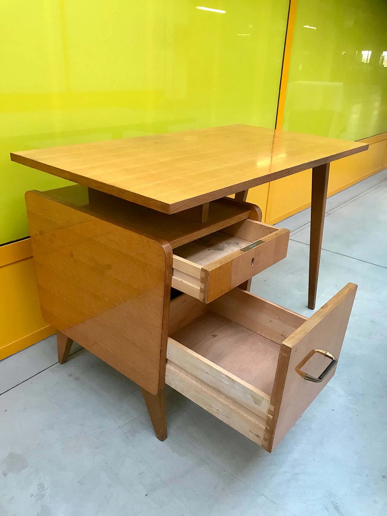 Italian light brown desk with movable top and drawers, 60s 1163841
