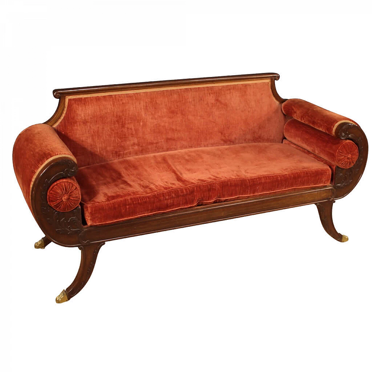 Divano francese in legno di mogano e velluto rosso 1163894