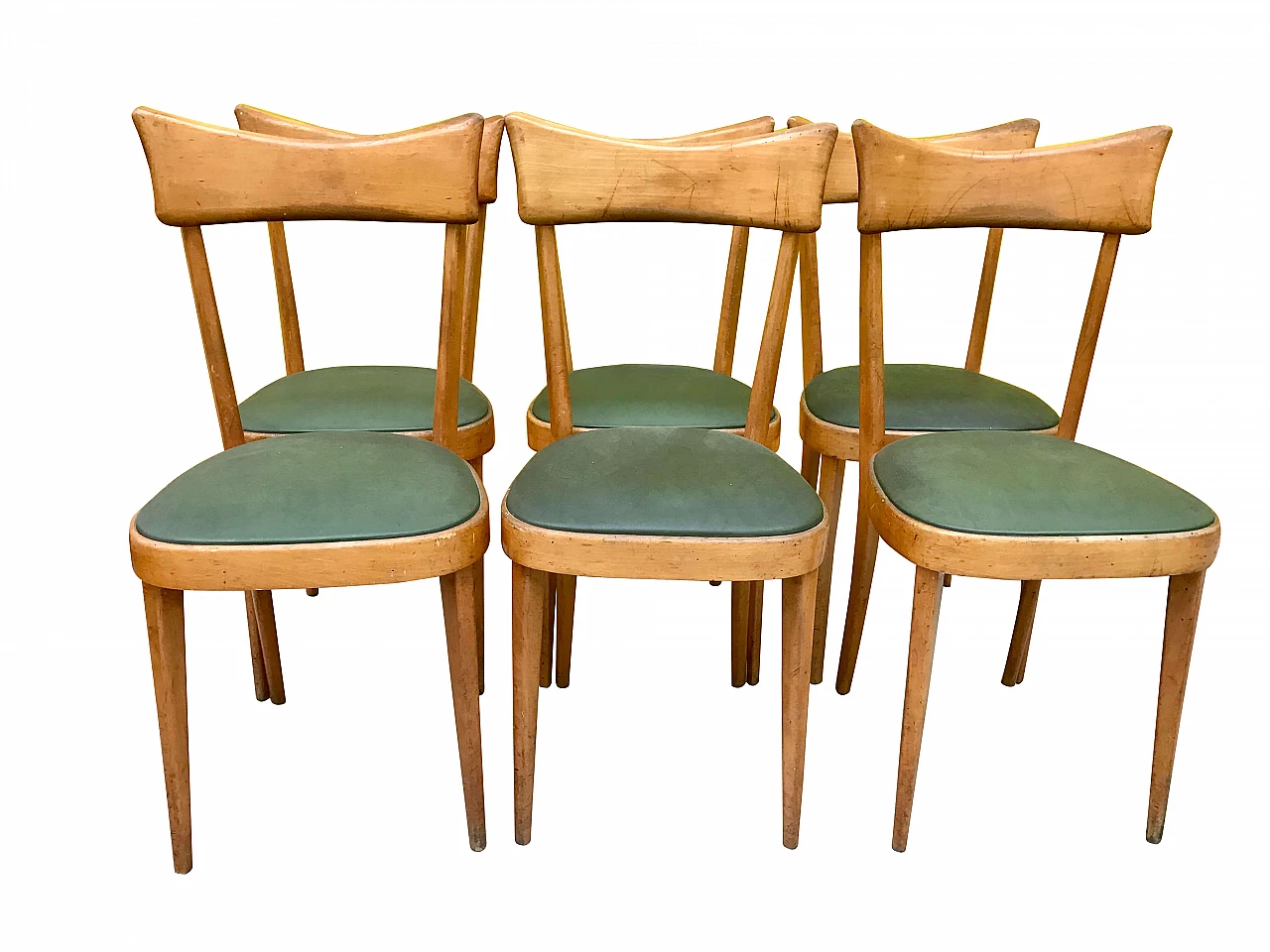 6 Chairs in beech and green skai, 1950s 1164457