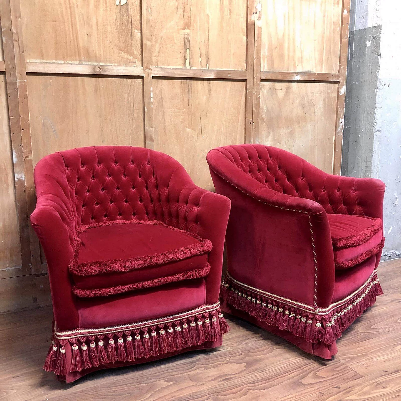 Pair of Napoleon III armchairs in red velvet, '800 1164468